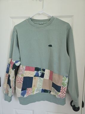 Upcycled Handmade Patchwork Quilted Sage Green Crewneck Sweatshirt, Sz. S, Bear